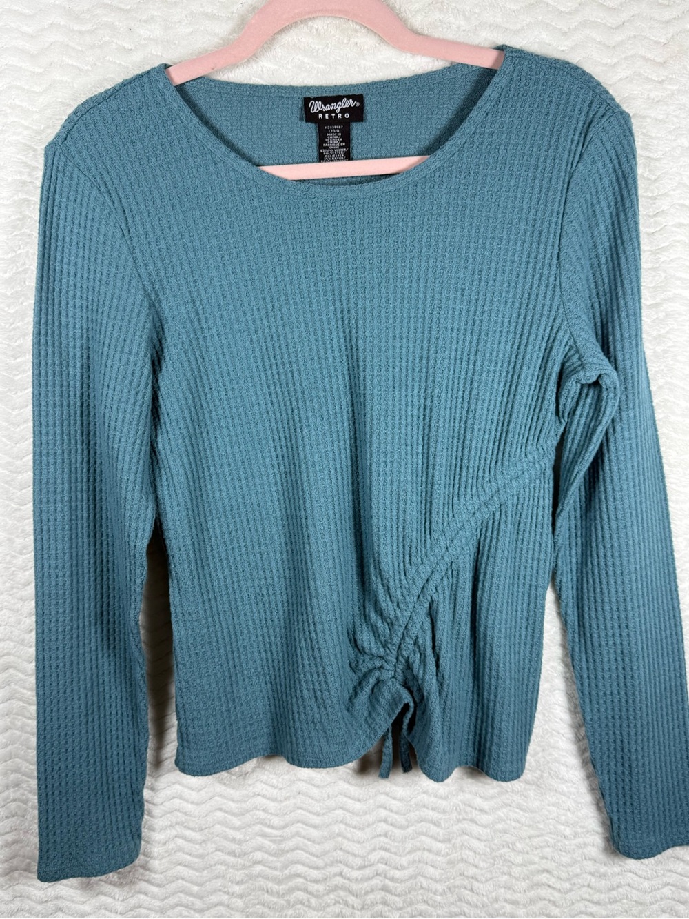 Wrangler Retro Teal Waffle Knit Long Sleeve Top with Side Drawstring
